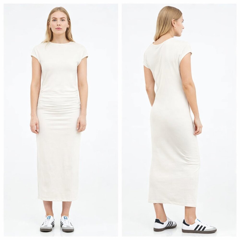 NWT Marcella Ingrid Midi Dress Ruched Waist Stretch Cap Sleeve Off White size L